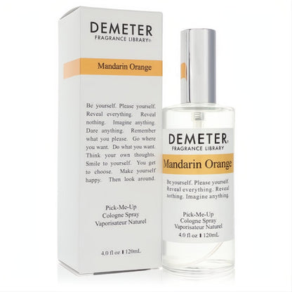 Demeter Mandarin Orange 4 oz unisex cologne spray. Elegant clear glass bottle with silver cap and orange label, beside its white box.