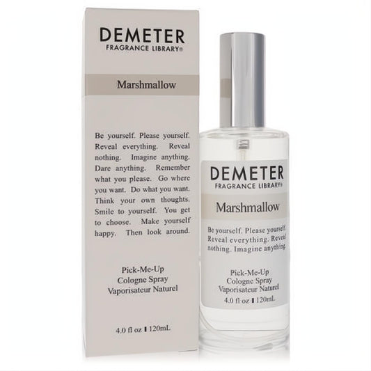 Demeter Marshmallow 4 oz cologne spray: elegant clear bottle with silver cap, white label, and matching box for a sweet fragrance.