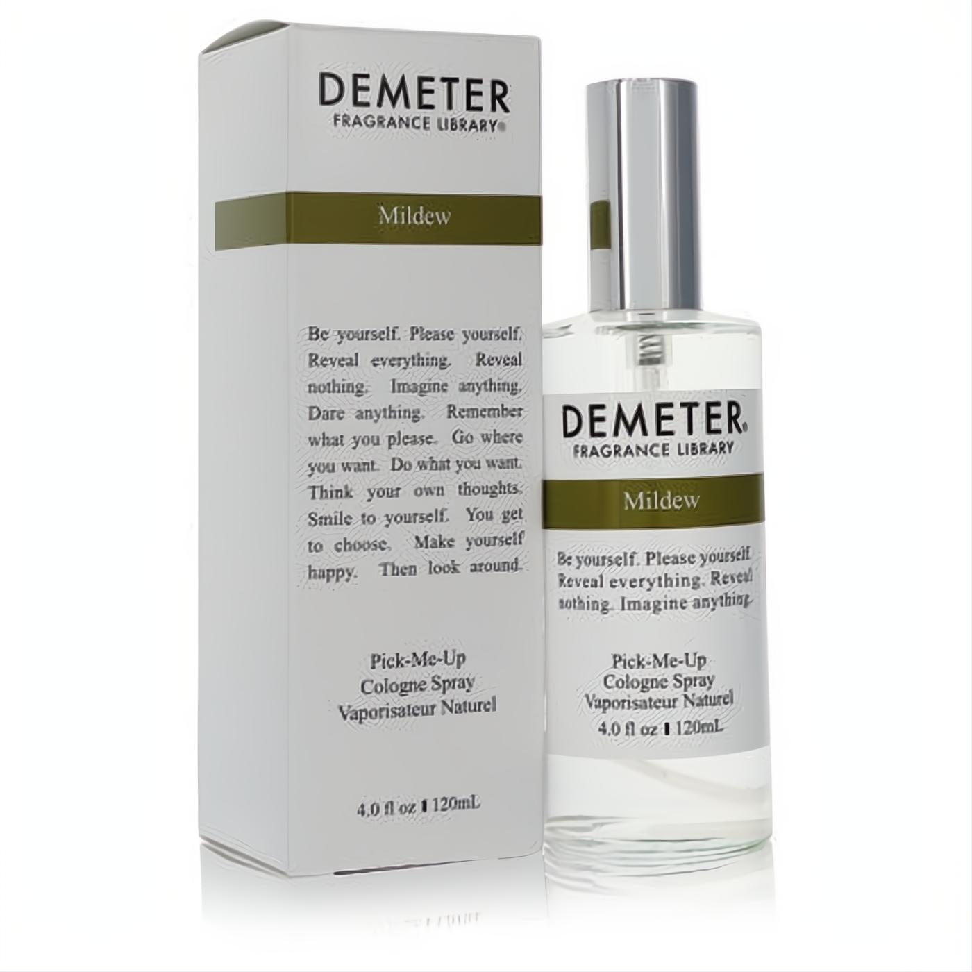 Demeter Mildew 4 oz unisex cologne spray in a clear glass bottle with a silver cap, presented with its elegant white box.