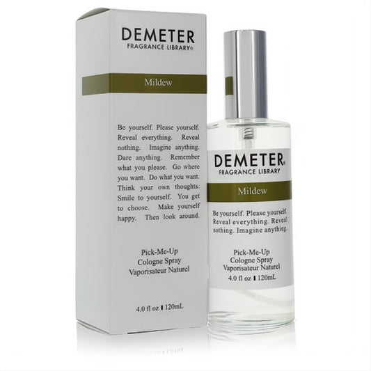 Demeter Mildew 4 oz unisex cologne spray in a clear glass bottle with a silver cap, presented with its elegant white box.