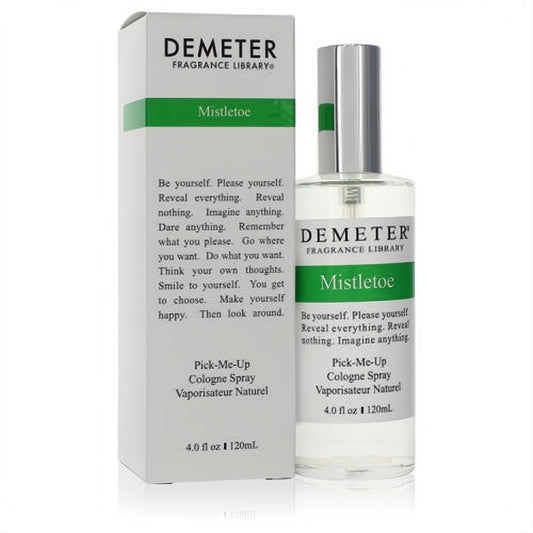 Demeter Mistletoe 4 oz unisex cologne spray. Clear glass bottle with sleek silver cap and crisp white box, accented with green.