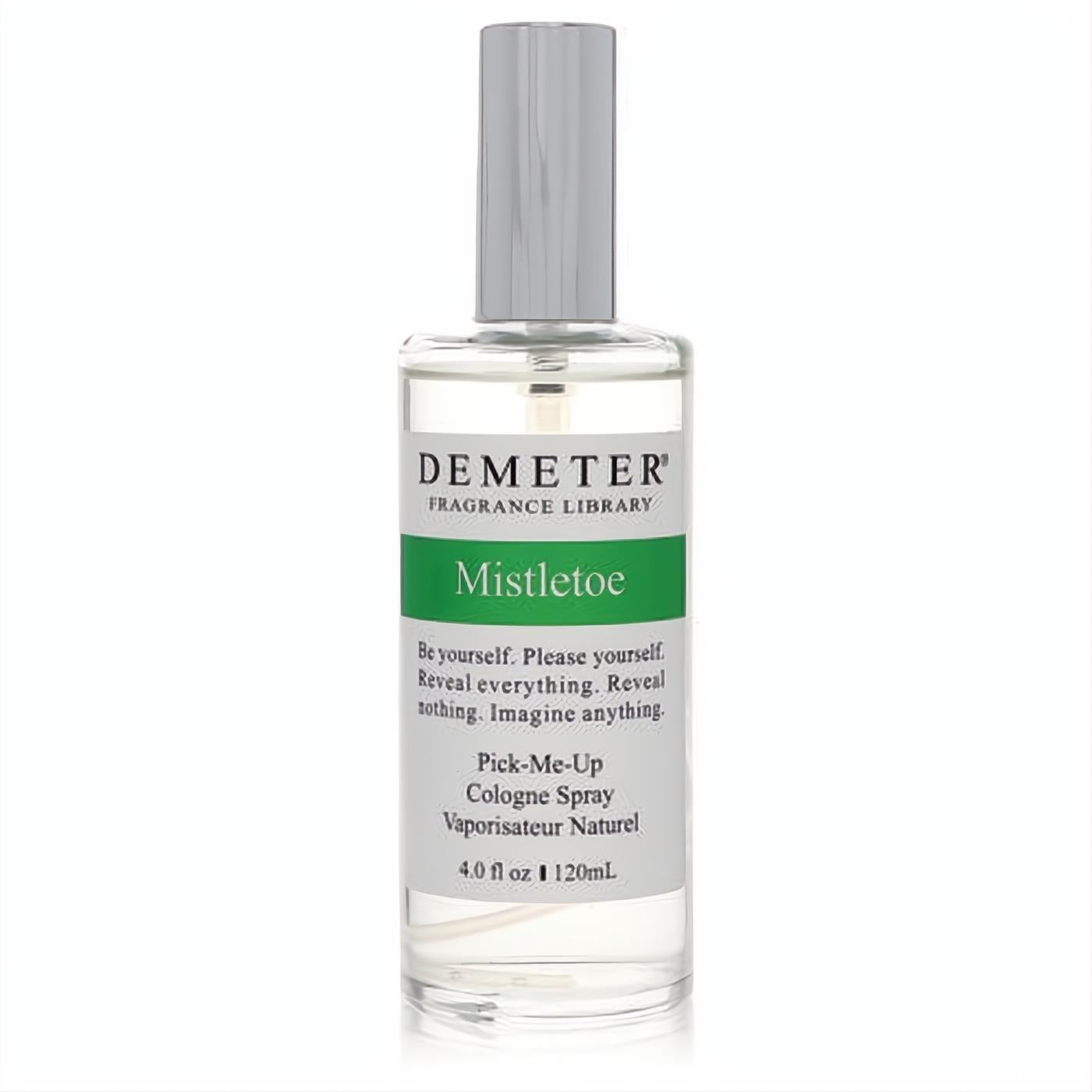 Demeter Mistletoe 4 oz cologne spray: clear glass bottle, silver cap, green label.