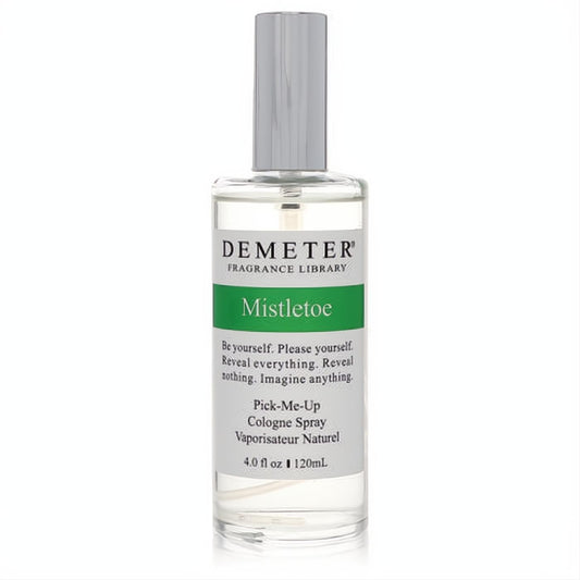 Demeter Mistletoe 4 oz cologne spray: clear glass bottle, silver cap, green label.