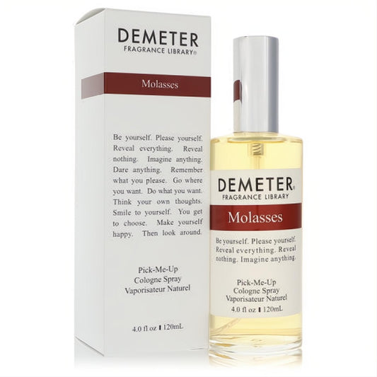 Demeter Molasses 4 oz unisex cologne spray. Clear glass bottle with silver cap, elegant white box, and rich brown label.