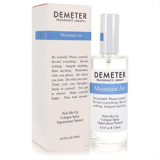 Demeter Mountain Air 4 oz cologne spray in a sleek clear glass bottle with white cap, alongside its crisp white and blue branded box.
