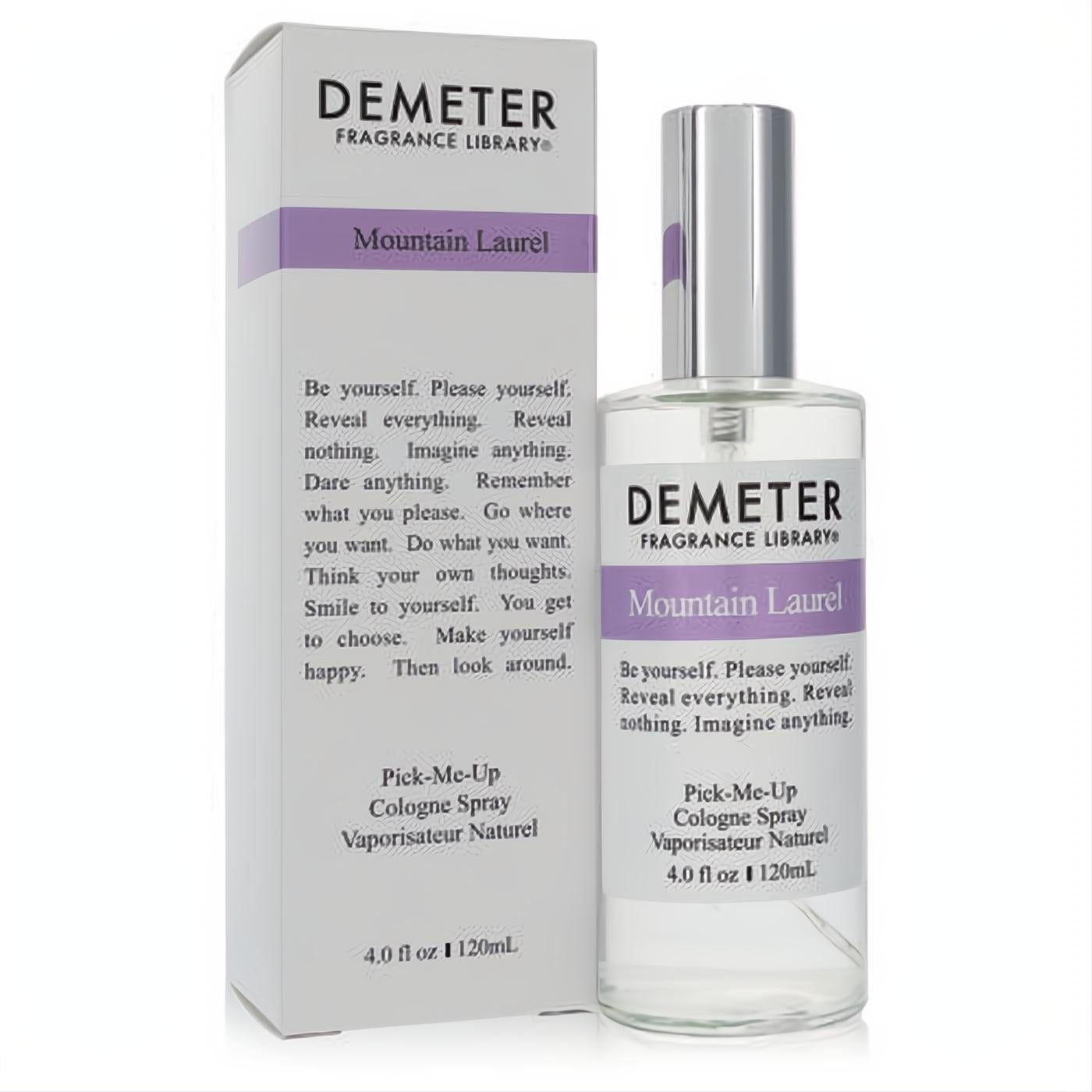 Elegant Demeter Mountain Laurel 4 oz cologne spray in a clear glass bottle with a sleek silver cap, displayed with its crisp white box.