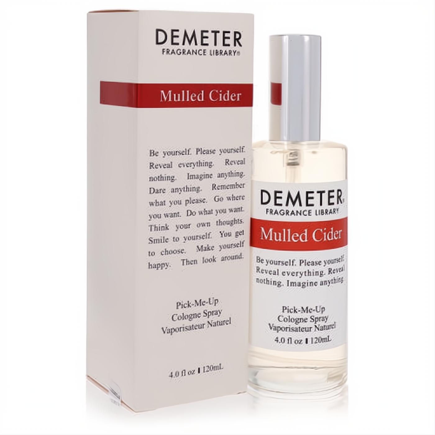 Demeter Mulled Cider 4 oz cologne spray in a sleek clear glass bottle with silver cap and elegant white box, featuring a vibrant red label.