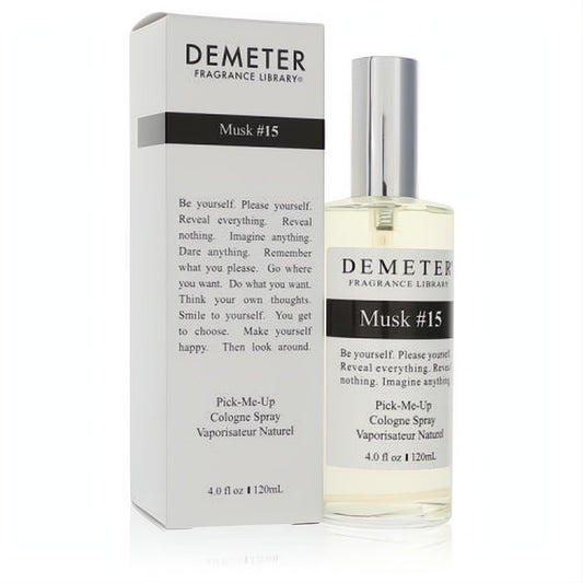 Demeter Musk #15 unisex cologne spray, 4 oz. Elegant clear glass bottle with silver cap, alongside its crisp white box with black branding.