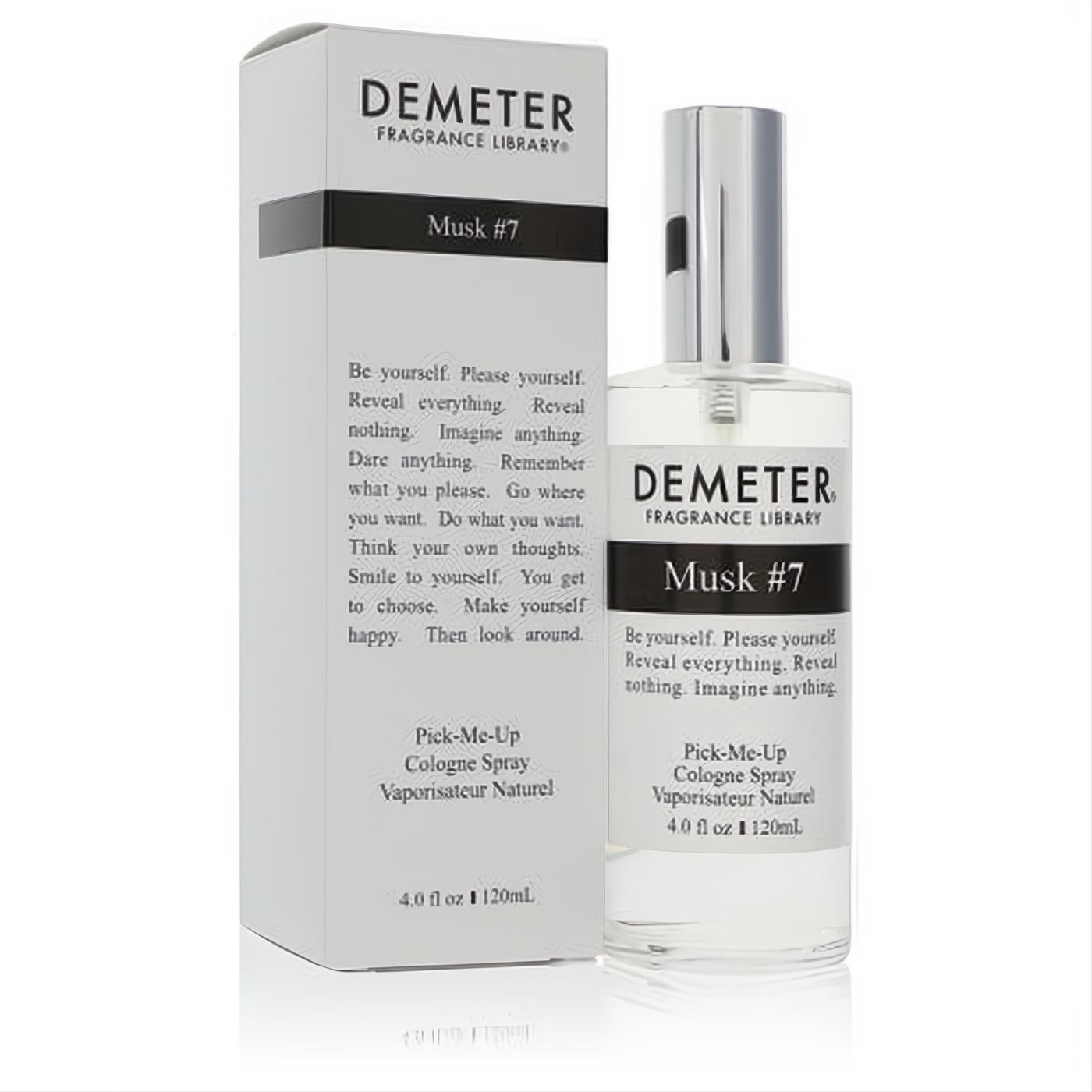 Sleek clear glass bottle of Demeter Musk #7 4oz unisex cologne spray with silver top and matching minimalist white box.