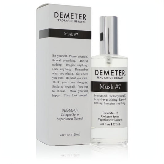 Sleek clear glass bottle of Demeter Musk #7 4oz unisex cologne spray with silver top and matching minimalist white box.