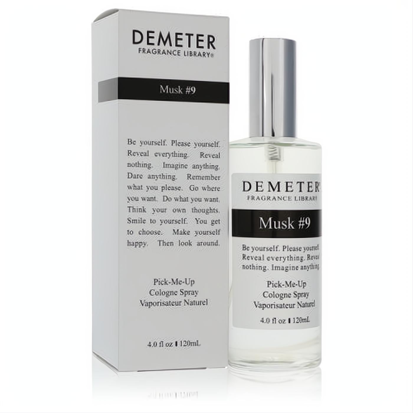 Iconic Demeter Musk #9 4 oz unisex cologne spray. Sleek clear bottle, silver cap, and minimalist white packaging.