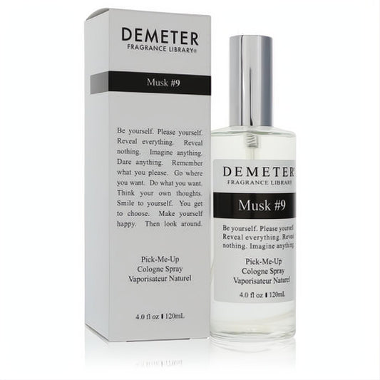 Iconic Demeter Musk #9 4 oz unisex cologne spray. Sleek clear bottle, silver cap, and minimalist white packaging.