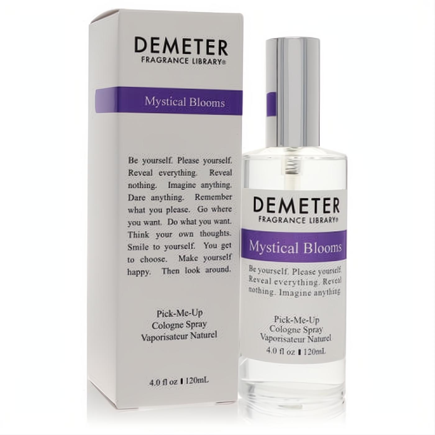 Captivating Demeter Mystical Blooms 4 oz cologne spray. Clear glass bottle, silver cap, purple label, and matching white box.
