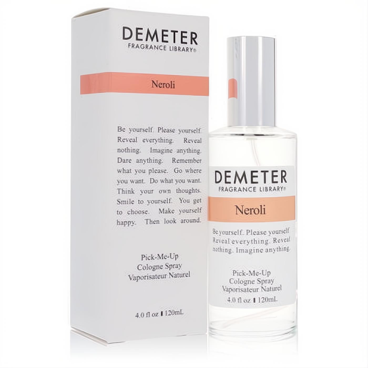 Experience Demeter Neroli 4 oz cologne spray. Clear glass bottle and white box with elegant peach accents.