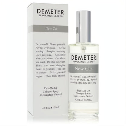 Demeter New Car 4 oz unisex cologne spray. Clear glass bottle with silver cap, displayed next to its elegant white and gray box.