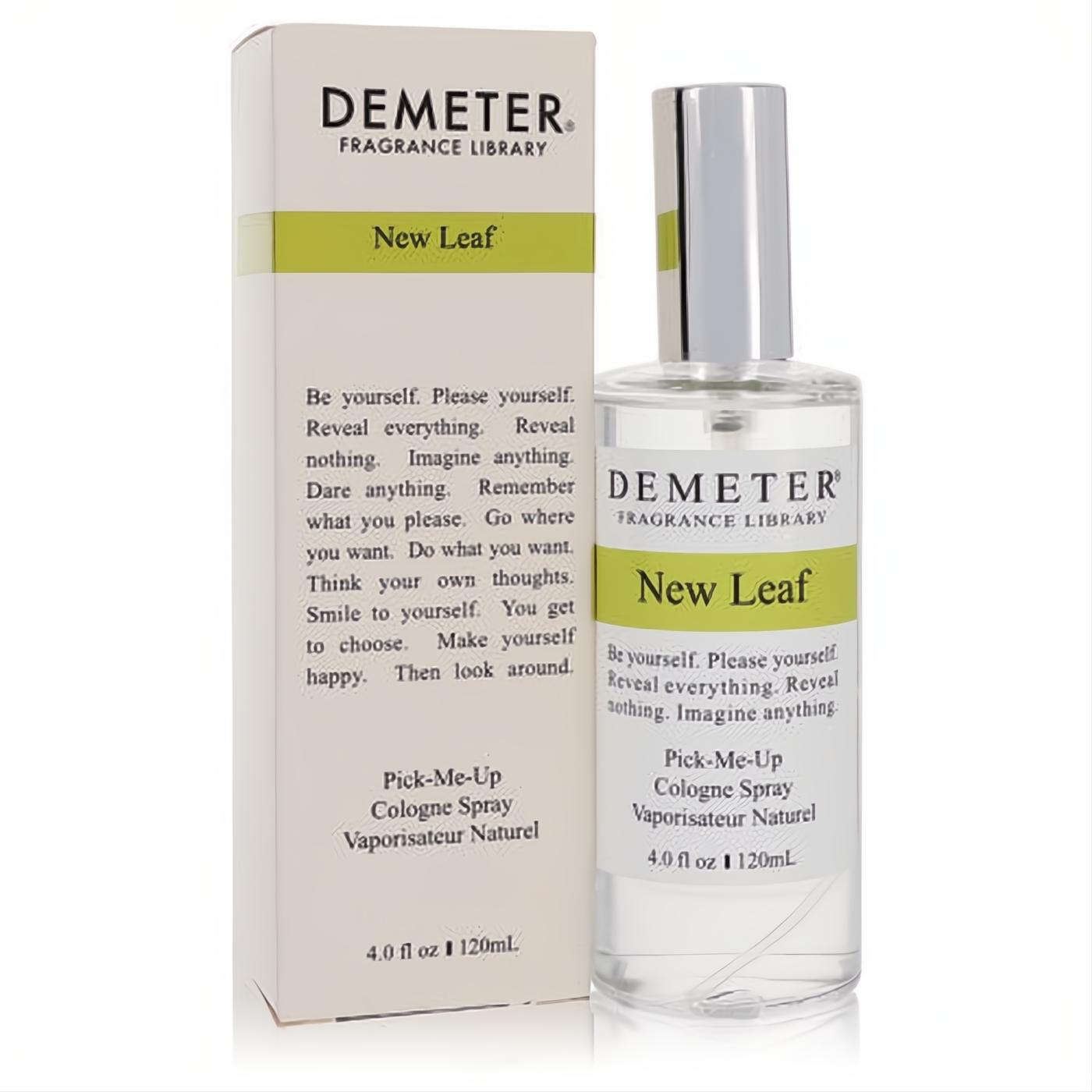 Discover Demeter New Leaf 4 oz cologne spray. Clear glass bottle, sleek silver cap, and elegant white box with fresh green branding.