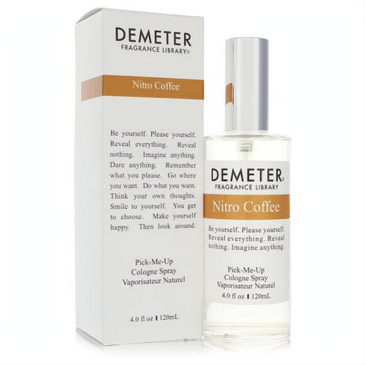 Energizing Demeter Nitro Coffee 4 oz unisex cologne spray: clear glass bottle, silver cap, and white box with bold brown label.