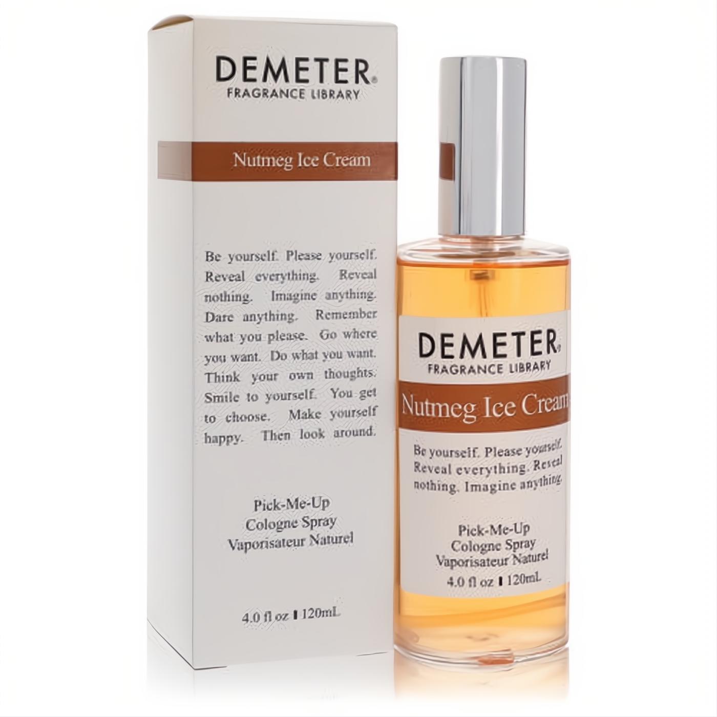 Demeter Nutmeg Ice Cream 4 oz cologne spray. Clear glass bottle with rich amber liquid, silver cap, and sleek white box.