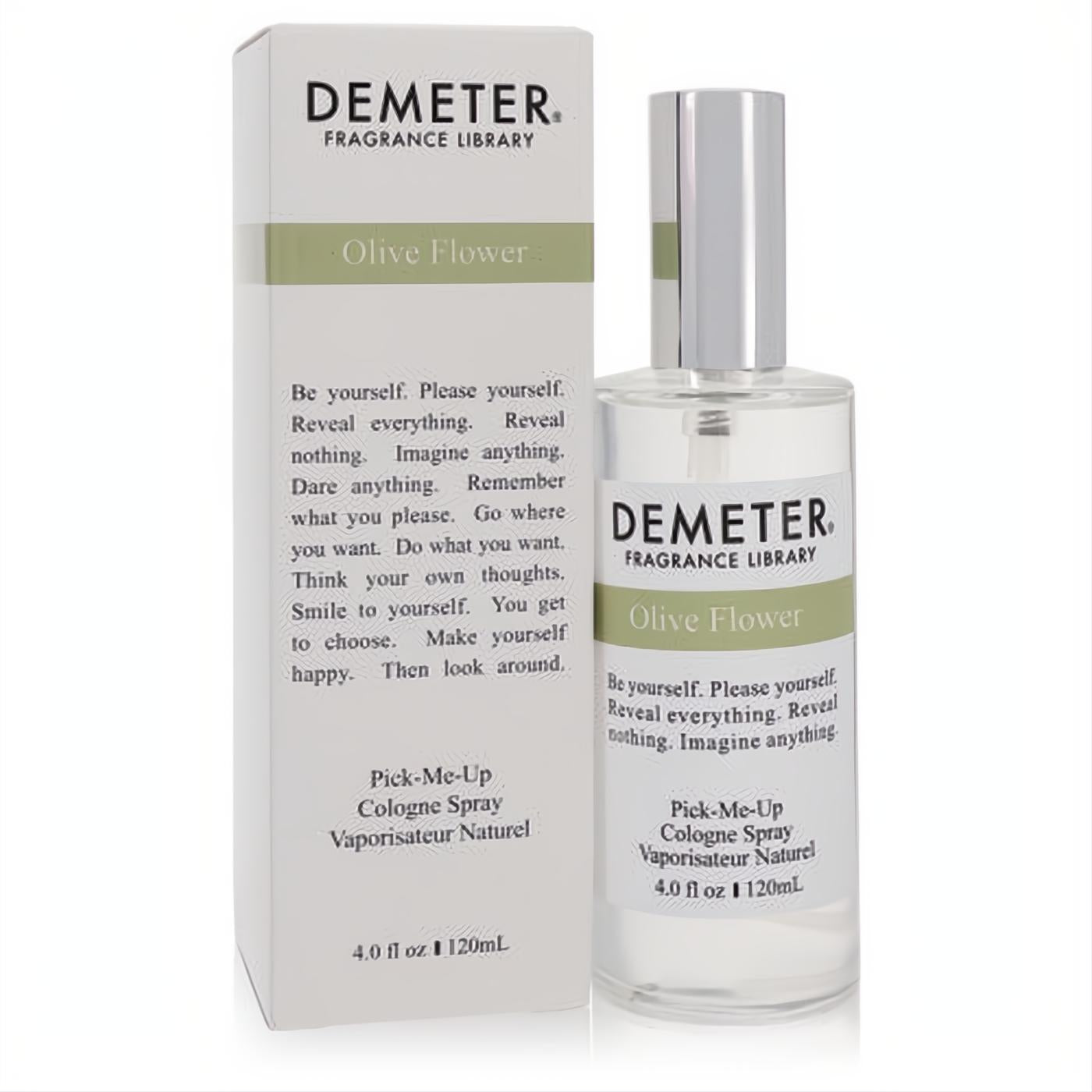 Elegant Demeter Olive Flower 4 oz cologne spray in a clear glass bottle with a sleek silver cap and crisp white & green label.