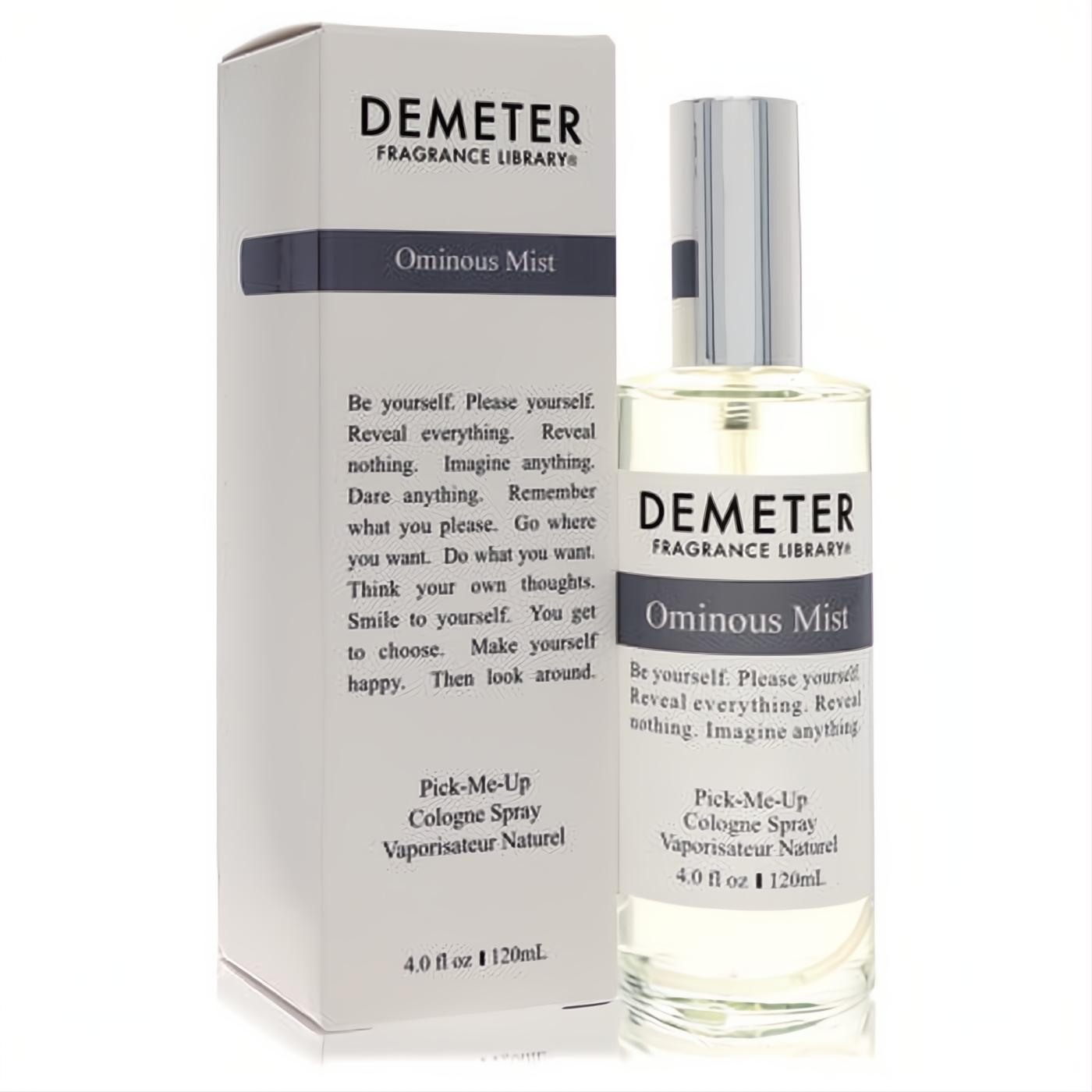 Demeter Ominous Mist 4 oz women's cologne spray. Clear glass bottle, sleek silver cap, and crisp white box.