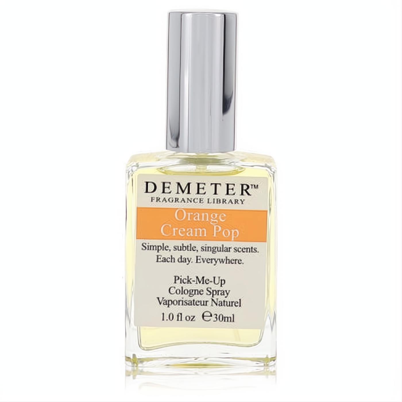 Demeter Orange Cream Pop 1 oz cologne spray. Clear glass bottle with a sleek silver cap and vibrant orange-banded label.
