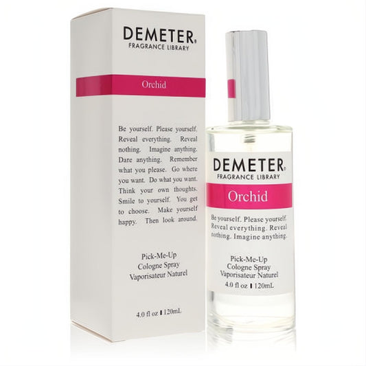 Demeter Orchid 4 oz women's cologne spray. Clear glass bottle and white box with vibrant fuchsia labels.