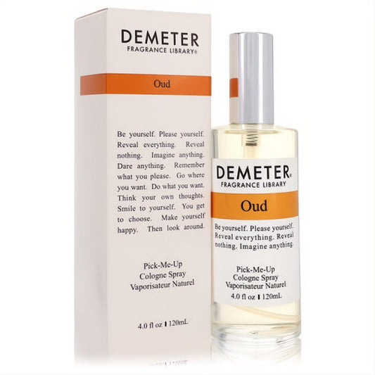 Elegant Demeter Oud 4 oz cologne spray in a clear glass bottle with a sleek silver cap, displayed with its crisp white and orange box.