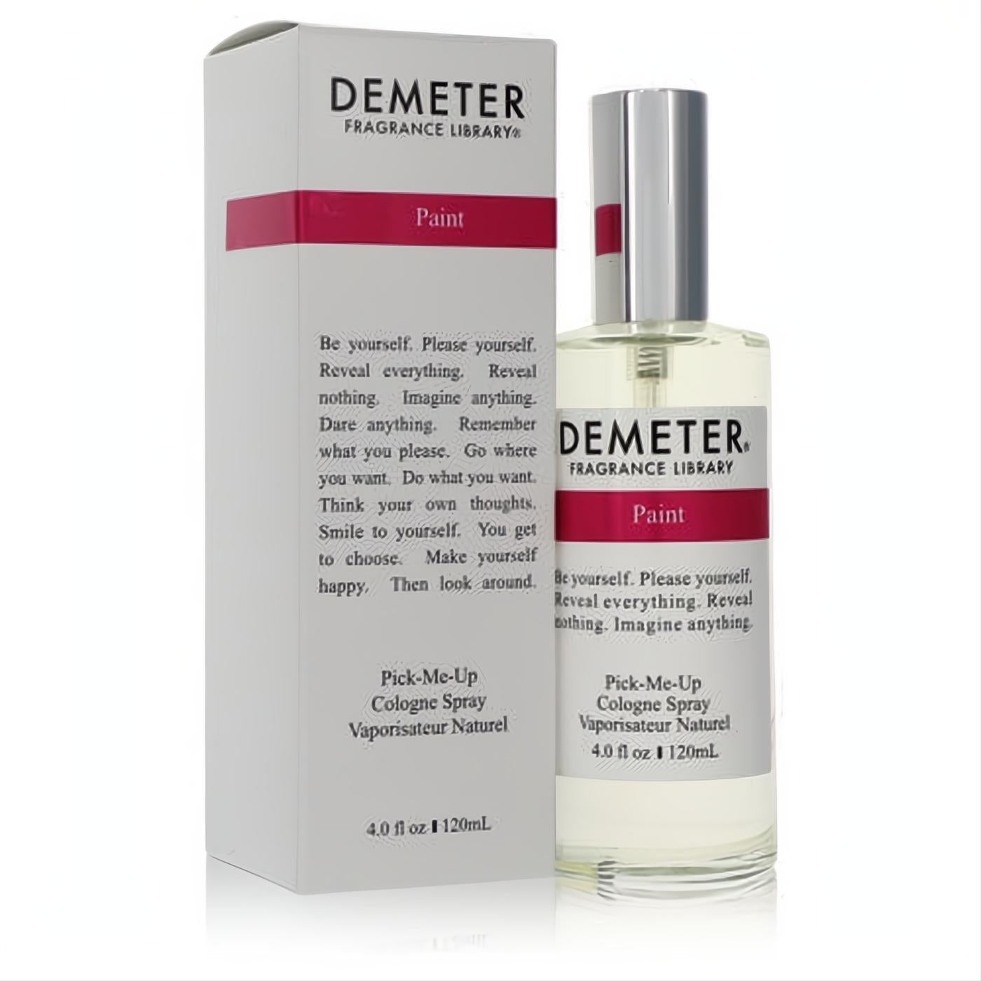 Demeter Paint 4 oz unisex cologne spray. Clear glass bottle with silver cap, elegant white label with red accent band. Matching white box.