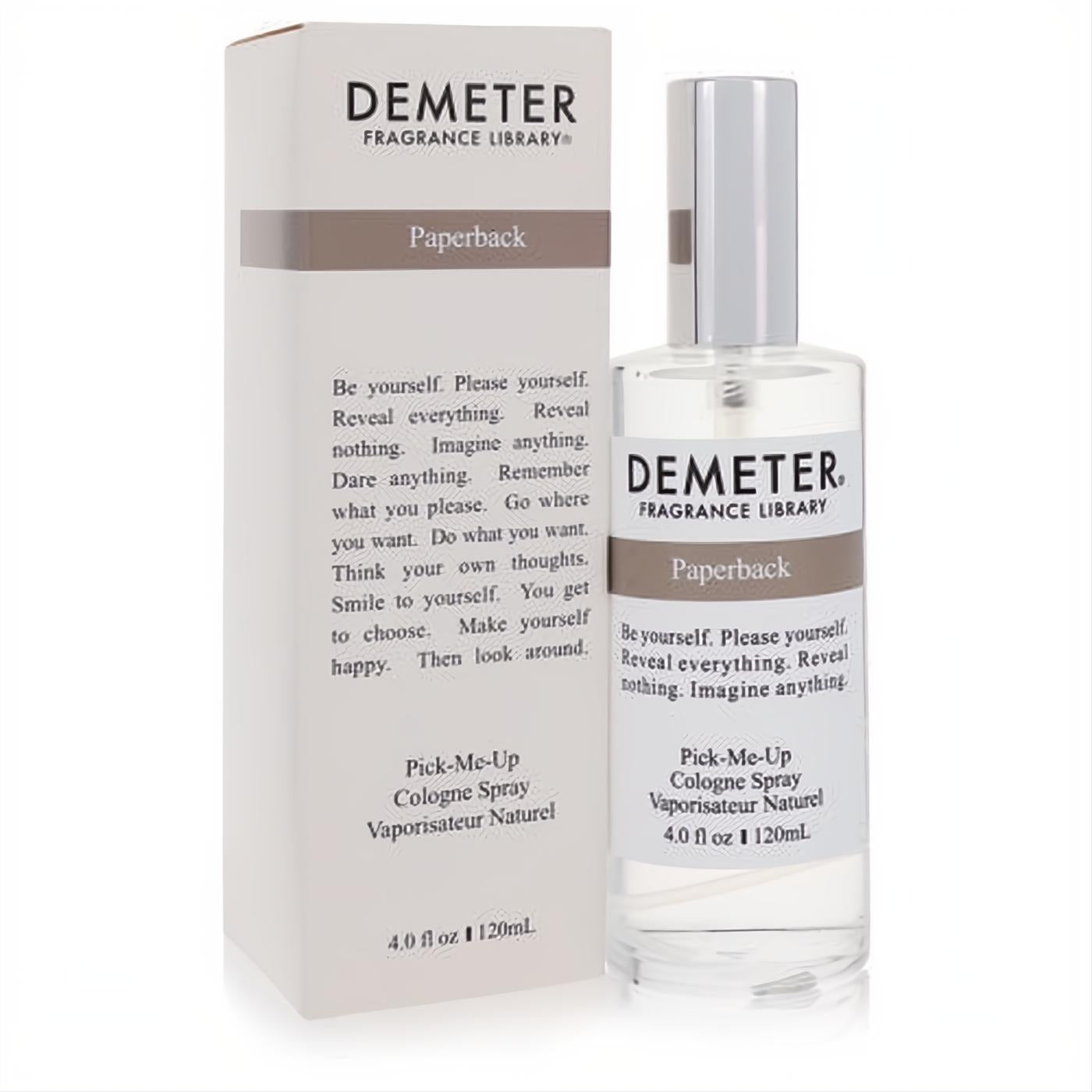 Demeter Paperback 4 oz cologne spray: clear glass bottle with sleek silver atomizer, paired with its elegant white and brown accented box.