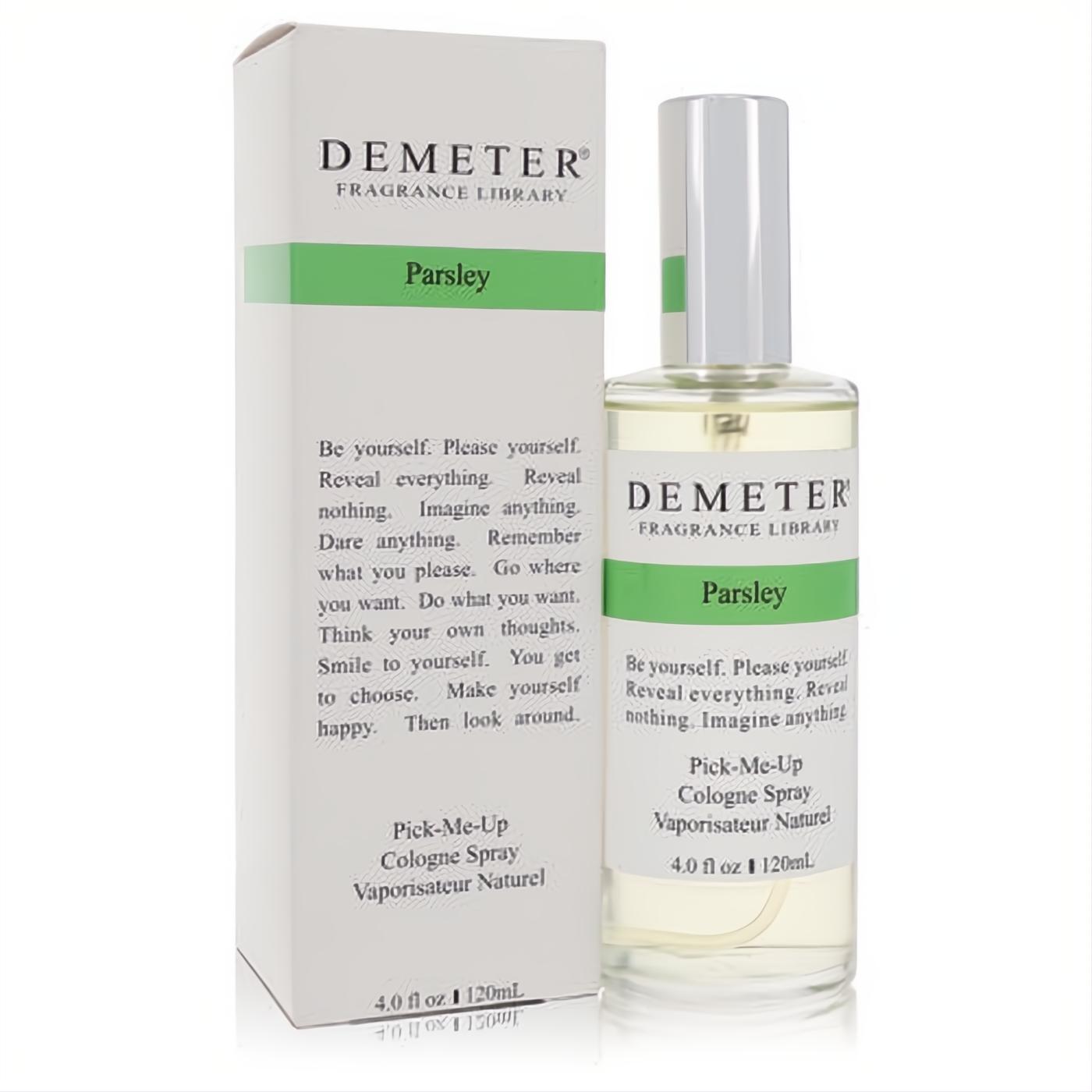 Demeter Parsley 4 oz cologne spray in a sleek clear glass bottle with a vibrant green and white label, presented with its matching box.