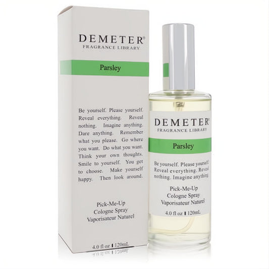 Demeter Parsley 4 oz cologne spray in a sleek clear glass bottle with a vibrant green and white label, presented with its matching box.