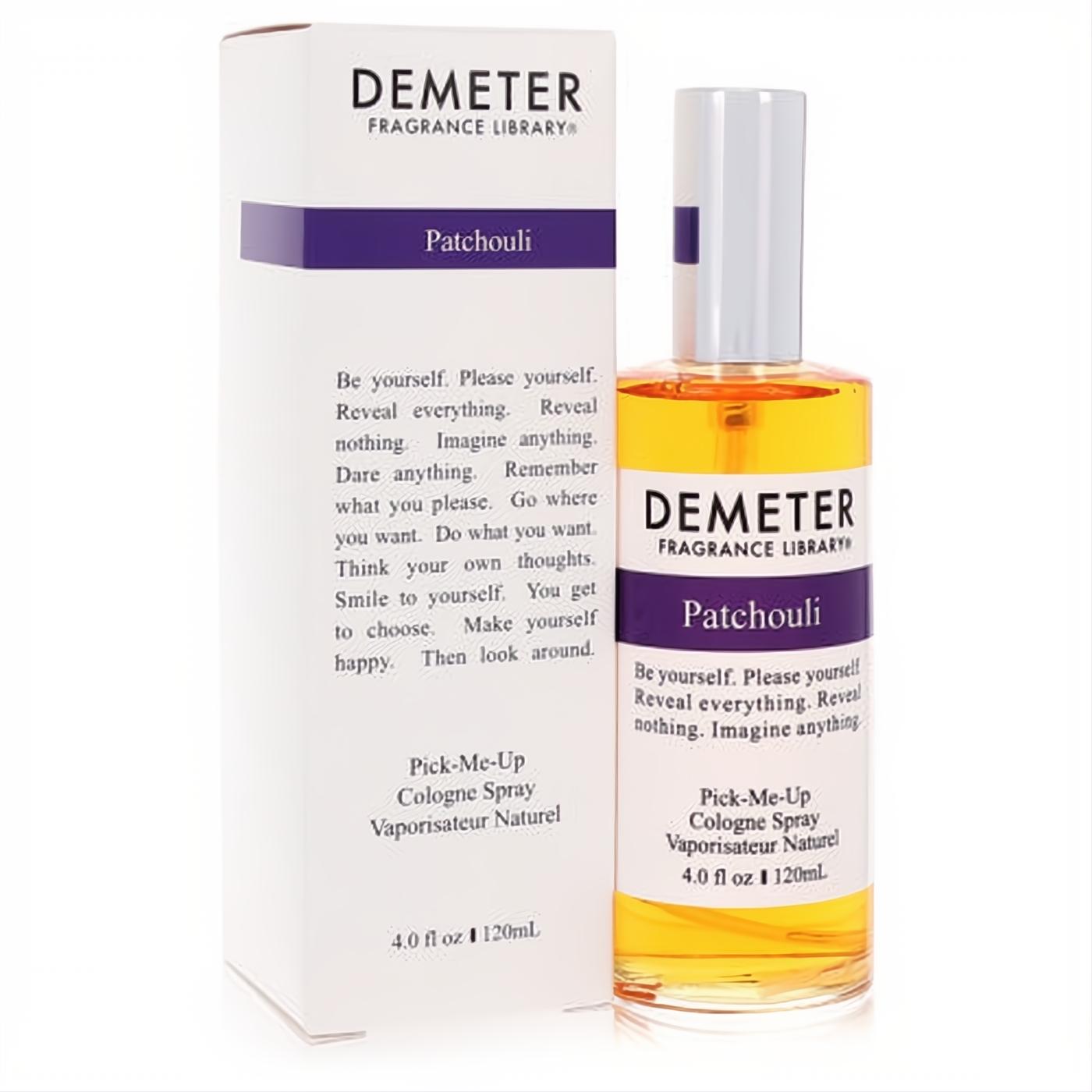 Vibrant Demeter Patchouli 4 oz cologne spray in a clear glass bottle with golden liquid, beside its elegant white and purple box.