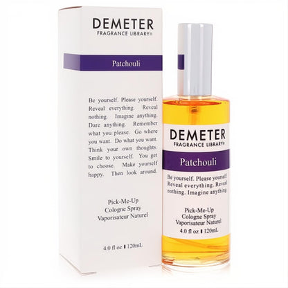 Vibrant Demeter Patchouli 4 oz cologne spray in a clear glass bottle with golden liquid, beside its elegant white and purple box.