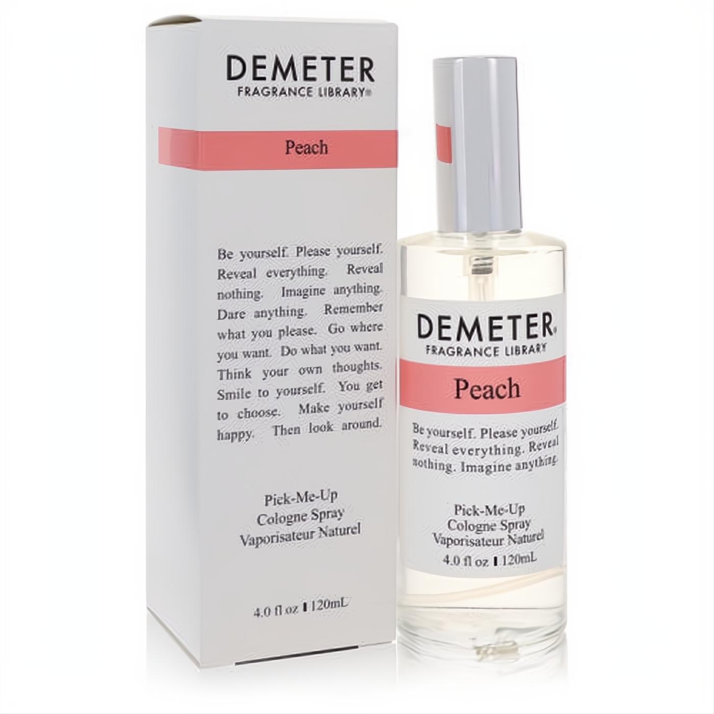 Demeter Peach 4 oz cologne spray: clear glass bottle with silver cap, white label, and matching white box with a vibrant peach band.