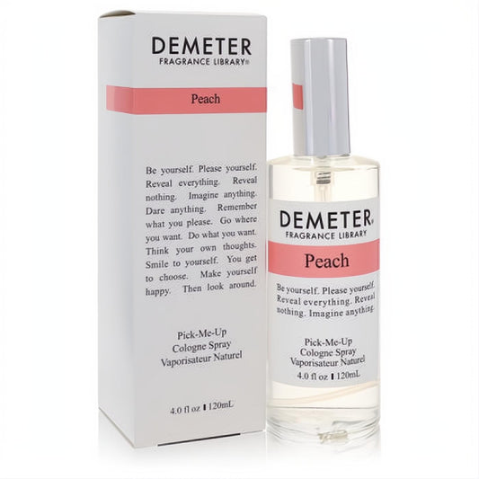 Demeter Peach 4 oz cologne spray: clear glass bottle with silver cap, white label, and matching white box with a vibrant peach band.