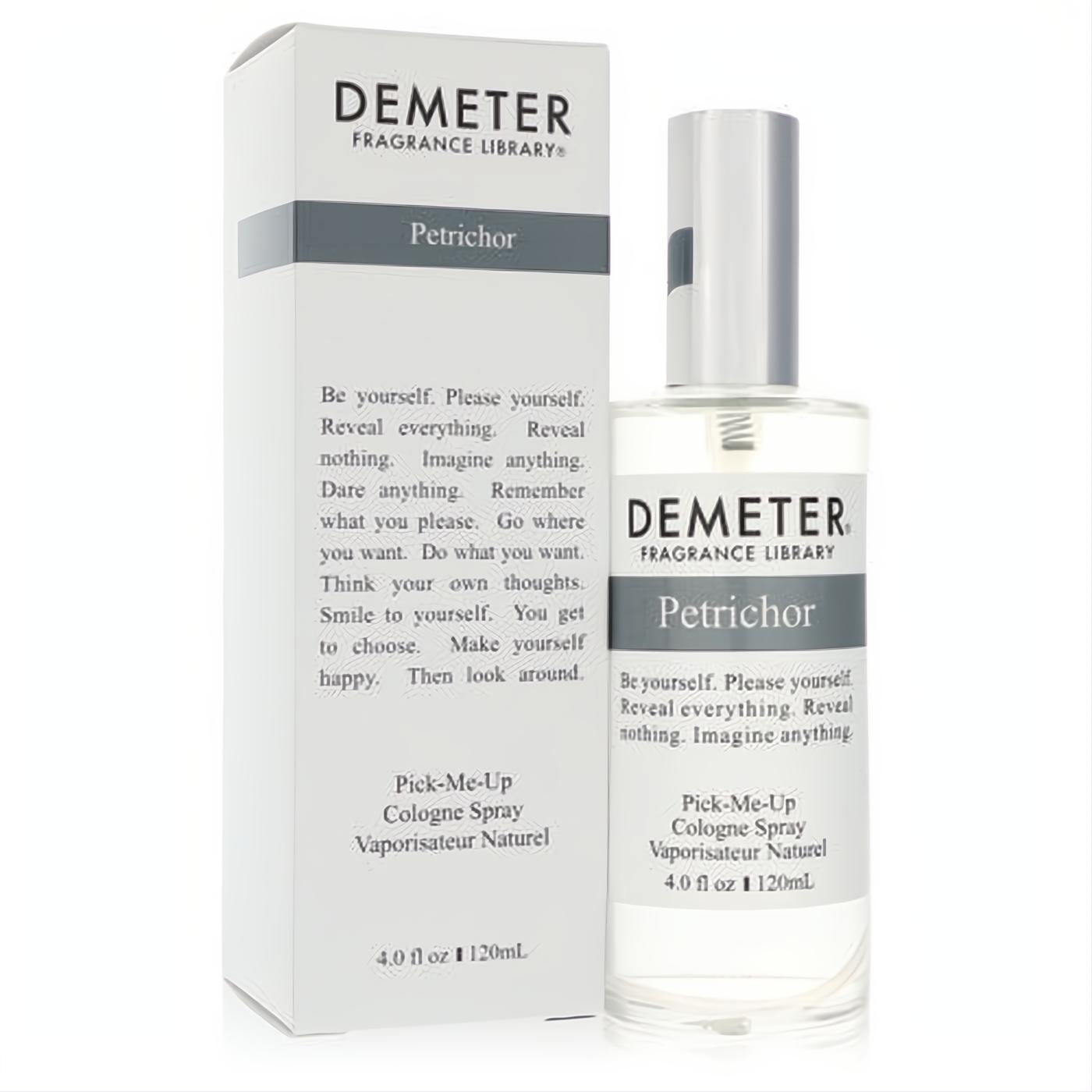 Captivating Demeter Petrichor 4 oz unisex cologne spray. Clear glass bottle, silver cap, and elegant white box for a fresh aroma.