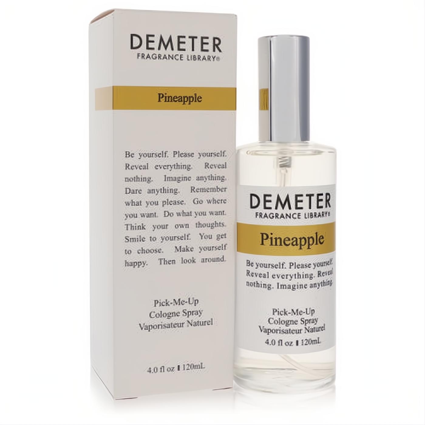 Demeter Pineapple 4 oz unisex cologne spray. Clear bottle, sleek silver cap, and crisp white box with gold accents.