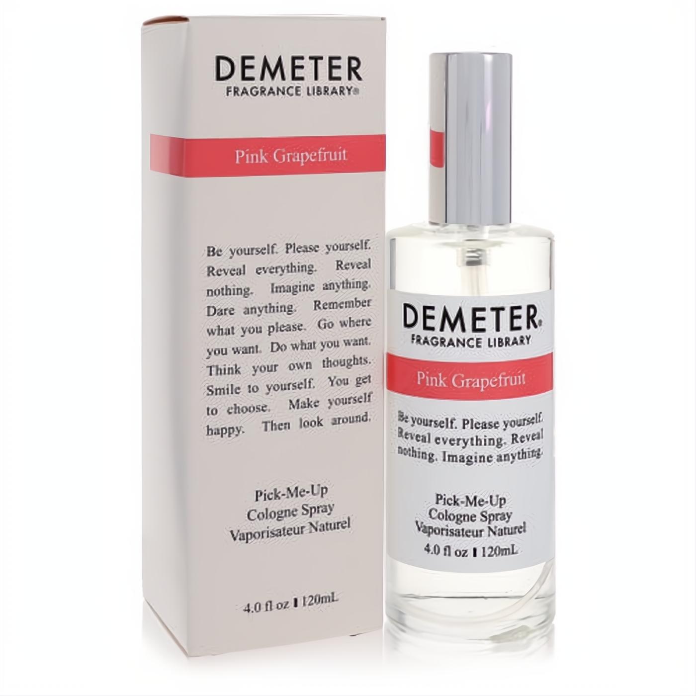 Demeter Pink Grapefruit 4 oz women's cologne spray. Clear bottle, sleek silver cap, white label with vibrant pink accent.