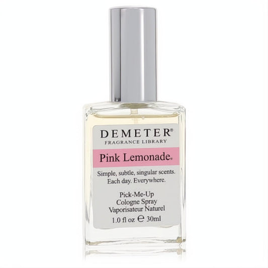 Demeter Pink Lemonade 1 oz cologne spray in a clear glass bottle with a sleek silver cap and signature pink label.