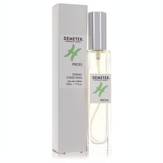 Demeter Pisces Eau De Toilette 1.7 oz spray. Sleek clear glass bottle, silver cap, and green zodiac symbol with matching white box.