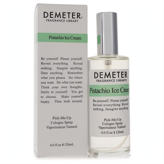 Demeter Pistachio Ice Cream 4 oz cologne spray. Clear glass bottle with silver cap, next to its white and pistachio green box.