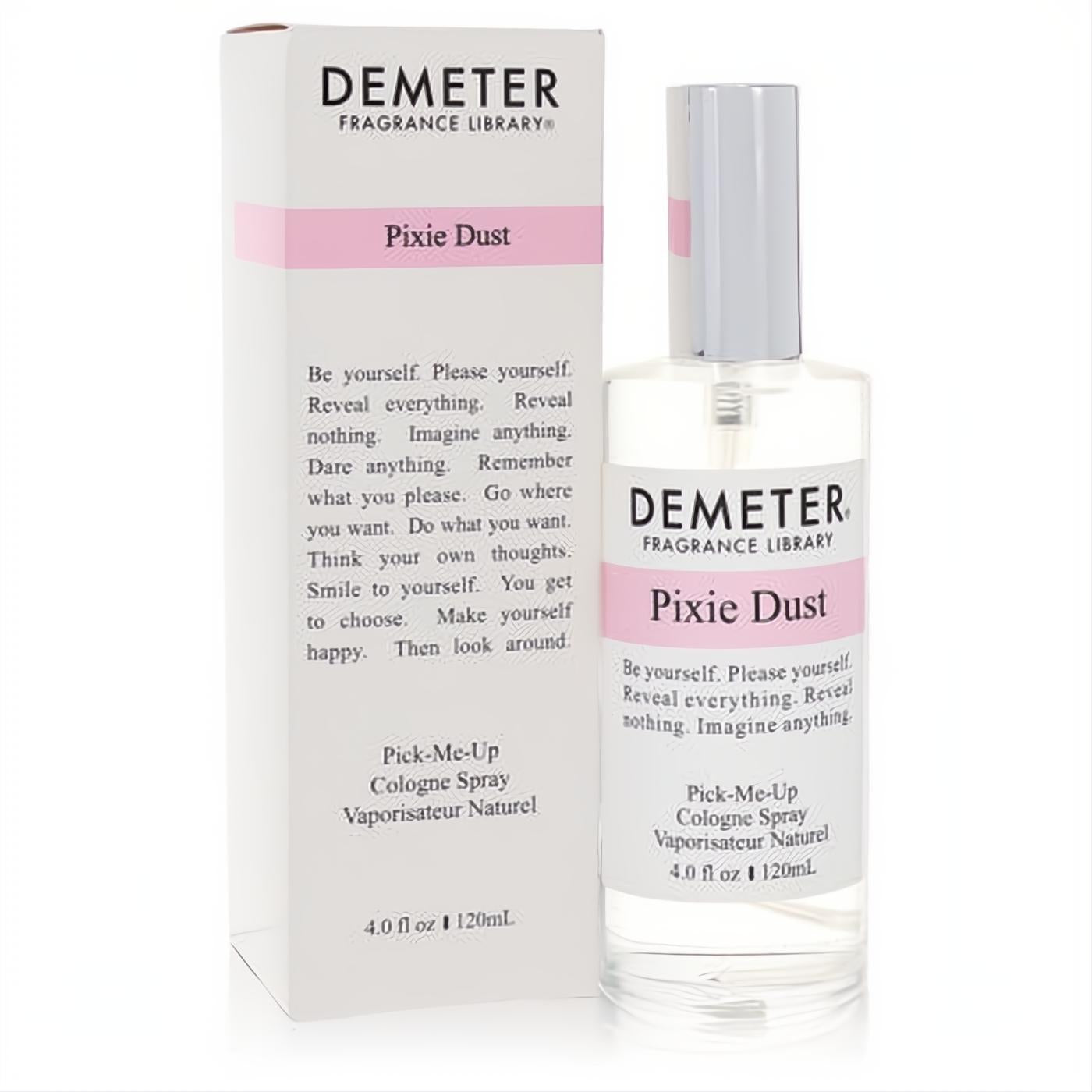 Demeter Pixie Dust 4 oz cologne spray. Clear bottle, silver cap, and pink label, elegantly displayed with its matching white box.