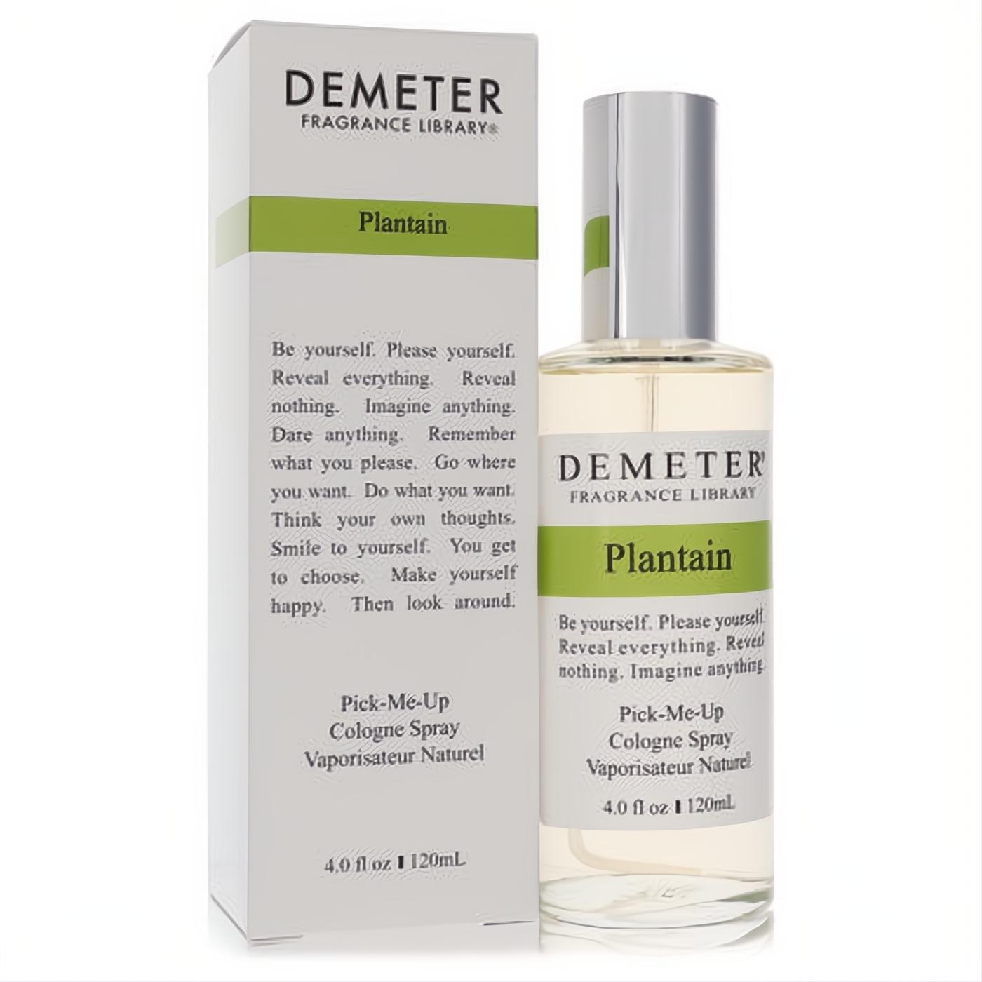 Demeter Plantain 4 oz cologne spray. Clear glass bottle with silver cap, beside its white box with a vibrant green label. Discover the fresh banana aroma.