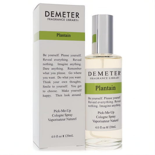 Demeter Plantain 4 oz cologne spray. Clear glass bottle with silver cap, beside its white box with a vibrant green label. Discover the fresh banana aroma.