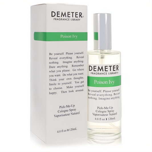 Demeter Poison Ivy 4 oz cologne spray: clear glass bottle with a crisp white and green label, next to its sleek white box.
