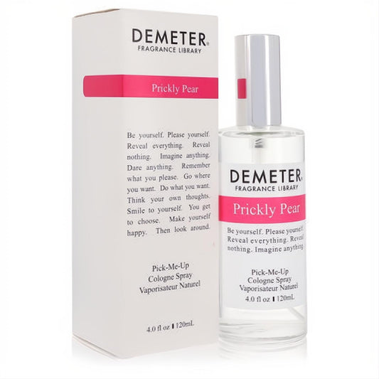 Demeter Prickly Pear 4 oz cologne spray: sleek glass bottle with silver cap, beside its white box with vibrant pink branding. Fresh, fruity.