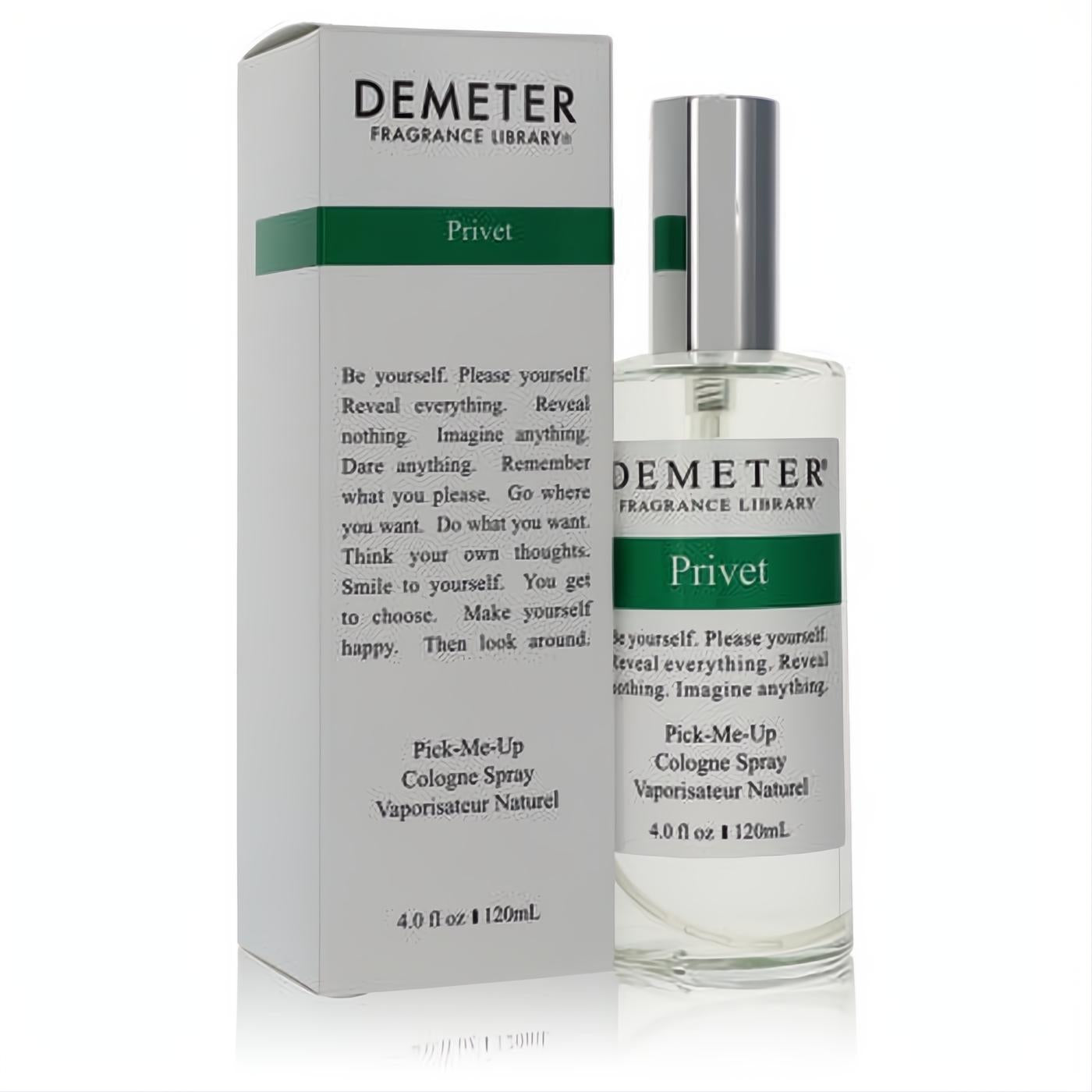Elevate your senses with Demeter Privet 4 oz unisex cologne spray: a sleek clear glass bottle, silver cap, and elegant white box with green branding.
