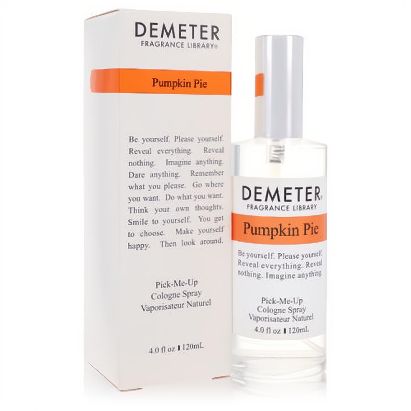 Indulge in Demeter Pumpkin Pie 4 oz fragrance spray. Clear glass bottle, silver cap, and white box with orange accents.