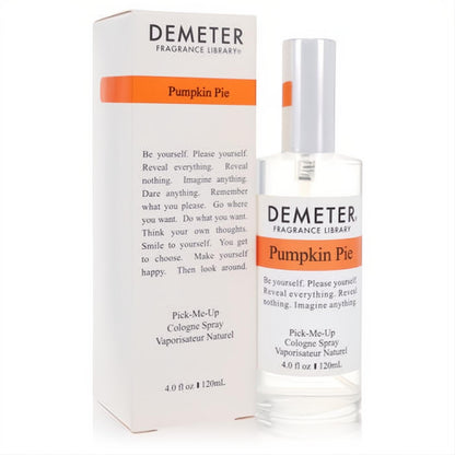 Indulge in Demeter Pumpkin Pie 4 oz fragrance spray. Clear glass bottle, silver cap, and white box with orange accents.