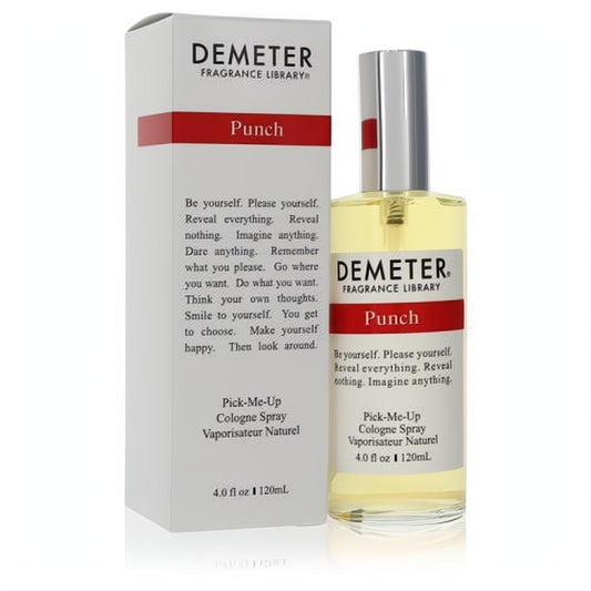 Demeter Punch 4 oz unisex cologne in a clear glass spray bottle with silver cap, next to its crisp white and red box. Unleash sweet, fruity aromas.
